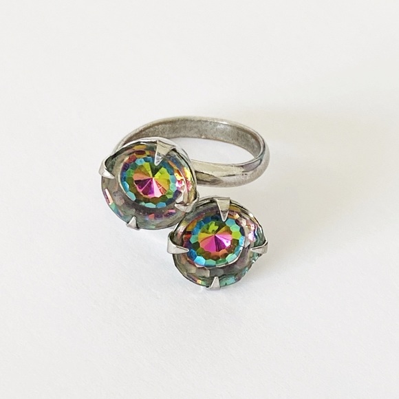 Vintage Sarah Coventry rainbow iris glass moi et toi rhinestone silver ring 5.5 - Picture 8 of 8